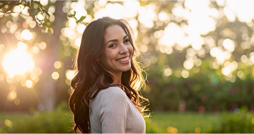 A happy, smiling woman outdoors in a sunlit park, representing the comfort and mobility found in Propét TravelActiv sneakers.