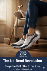 A person sitting in a chair wearing white and navy slip-on Stable Anchor shoes. A walking cane rests against the chair in the background. The image includes the Resilient Art Wear RAW logo and text: "The No-Bend Revolution. Stop the Fall. Start the Rise. Explore Without Limits."