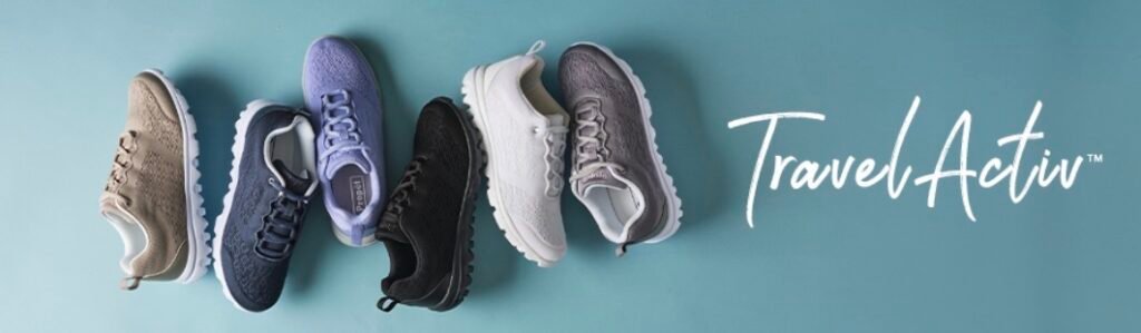 banner showing a variety of Propét TravelActiv women's slip-on medical sneakers in colors like tan, navy, purple, black, and white.