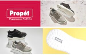 Product collage of Propét Men's B10 Usher lace-up sneakers in black and grey, featuring a close-up of the supportive white outsole.