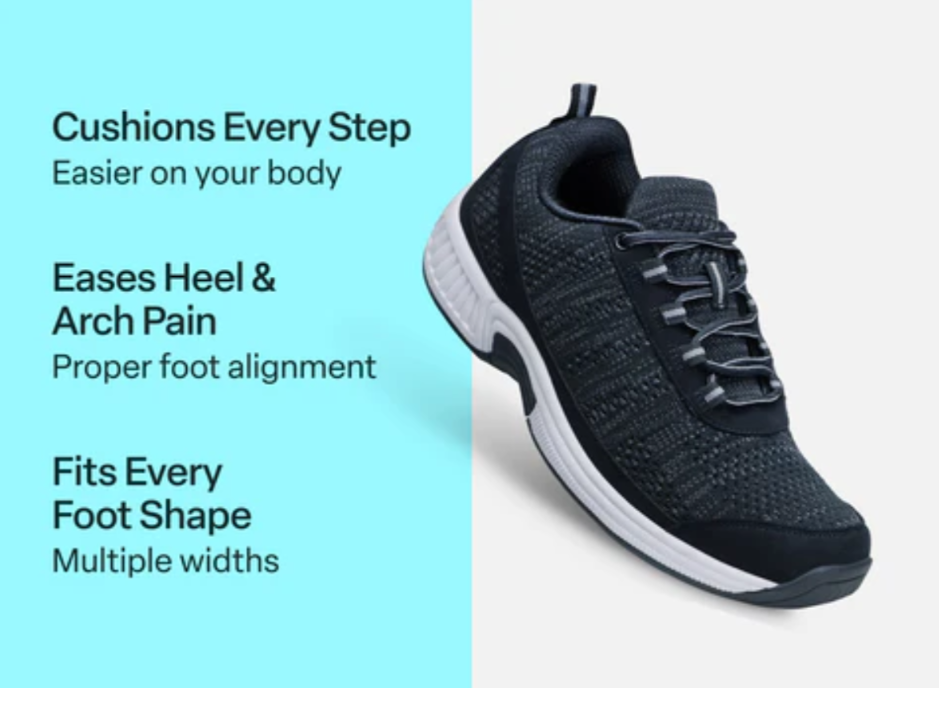 Ad banner for an athletic shoe highlighting cushioning, arch support, and universal fit.