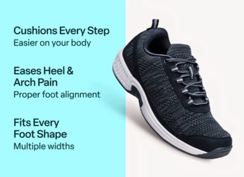 Athletic running shoe advertisement highlighting cushioning, arch/heel support, and multiple widths; shoe angled to the right against a light background.