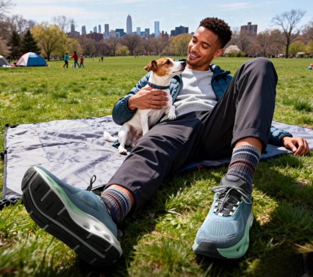 Man relaxing on a blanket in a city park, cuddling a small puppy with the skyline in the background.