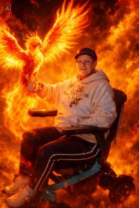 A woman sitting in a mobility scooter with a large, glowing fire phoenix perched on her arm, surrounded by dramatic flames.