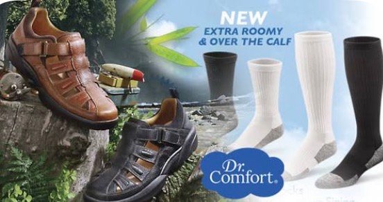 Banner for Dr. Comfort footwear featuring brown and black leather therapeutic sandals and a selection of extra roomy over-the-calf socks.