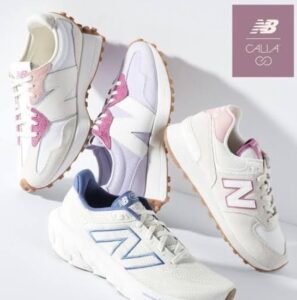 collection of New Balance and CALIA women's stability sneakers in pastel purple, pink, and blue with thick white support soles.