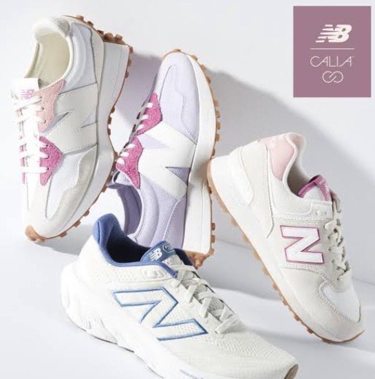 collection of New Balance and CALIA women's stability sneakers in pastel purple, pink, and blue with thick white support soles.