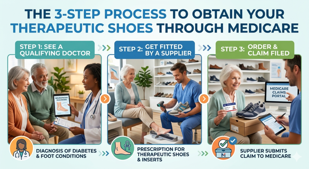 Infographic showing the 3-step process to obtain therapeutic shoes through Medicare: 1. See a qualifying doctor for a diagnosis. 2. Get fitted by a supplier for a prescription. 3. Order placed and claim filed to Medicare by the supplier.