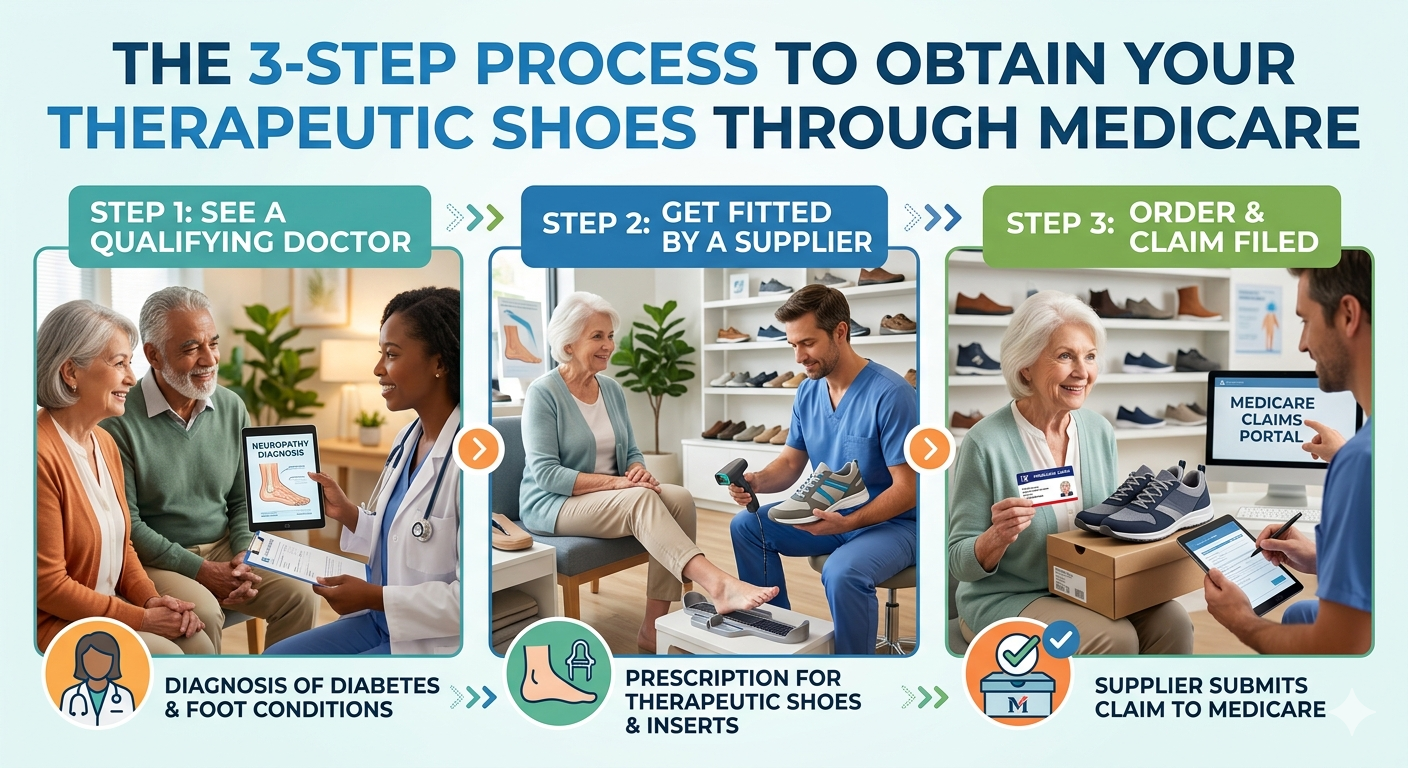 Infographic showing the 3-step process to obtain therapeutic shoes through Medicare: 1. See a qualifying doctor for a diagnosis. 2. Get fitted by a supplier for a prescription. 3. Order placed and claim filed to Medicare by the supplier.