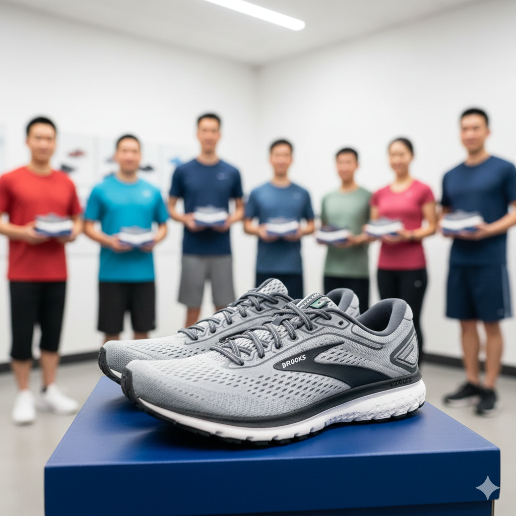 Gray Brooks running shoes displayed on a blue pedestal with a blurred group of people in athletic wear in the background.