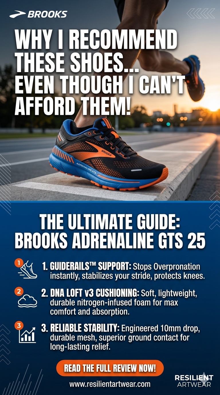 Brooks ad with a blue-orange running shoe on a curb, bold headline about the Brooks Adrenaline GTS 25 and a 'Read the full review now' button.