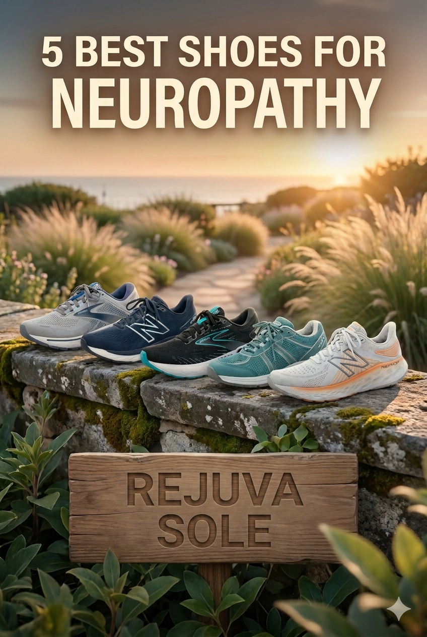 Headline '5 Best Shoes for Neuropathy' above five athletic shoes lined on a mossy stone wall at sunset in a garden setting, with a wooden 'REJUVASOLE' sign in the foreground.