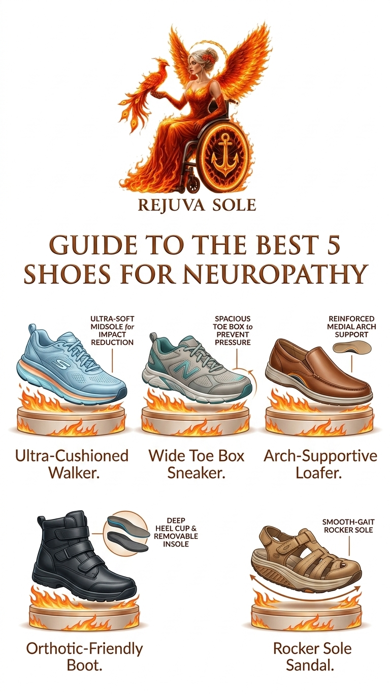 Infographic: Rejuva Sole’s five neuropathy-friendly shoes (Walker, Sneaker, Loafer, Boot, Sandal).