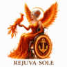Fiery-winged woman in a wheelchair with flaming dress and large orange wings, holding a fiery bird; logo reads REJUVA SOLE below.
