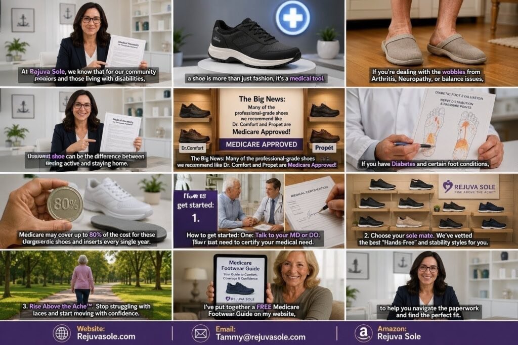 Collage showing a woman presenting a medical necessity document, shoe displays, foot care charts, and park scene to explain Medicare-covered orthopedic shoes.