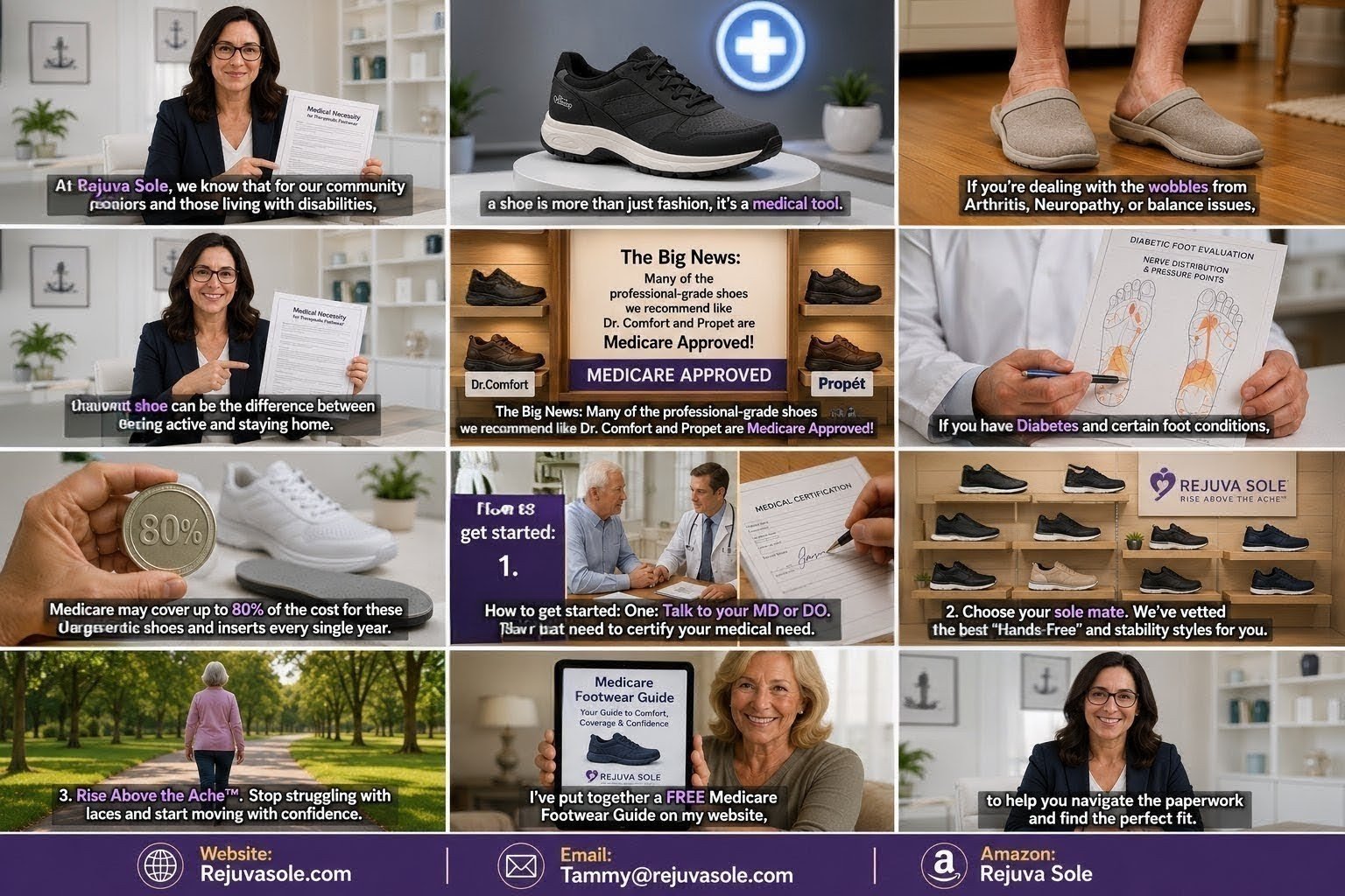 Collage showing a woman presenting a medical necessity document, shoe displays, foot care charts, and park scene to explain Medicare-covered orthopedic shoes.