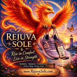 Fiery phoenix lifting purple sneakers at sunset by a lighthouse; branding reads 'Rejuva Sole' with the motto 'Rise in Comfort. Live in Strength.'
