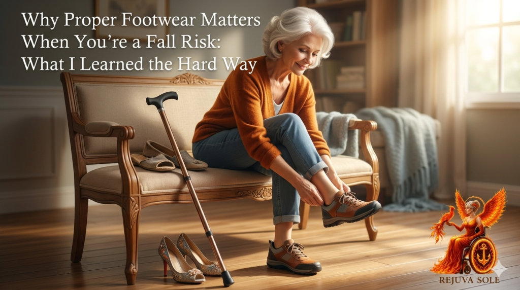 Older woman sits on a sofa, tying sturdy athletic shoes while a cane and a pair of high heels rest nearby, illustrating fall risk and need for proper footwear.