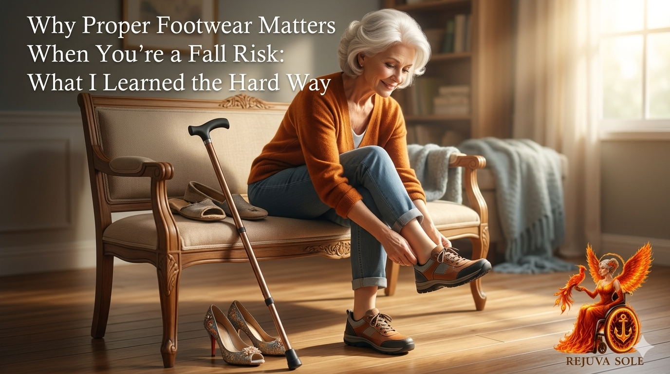 Older woman sits on a sofa, tying sturdy athletic shoes while a cane and a pair of high heels rest nearby, illustrating fall risk and need for proper footwear.