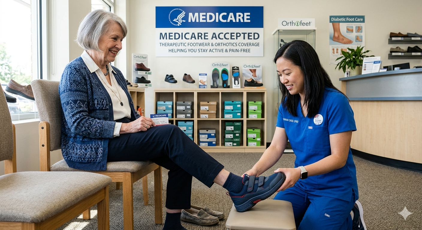 Older woman in a blue cardigan sits as a clinician in blue scrubs helps her try on a navy shoe with velcro straps.